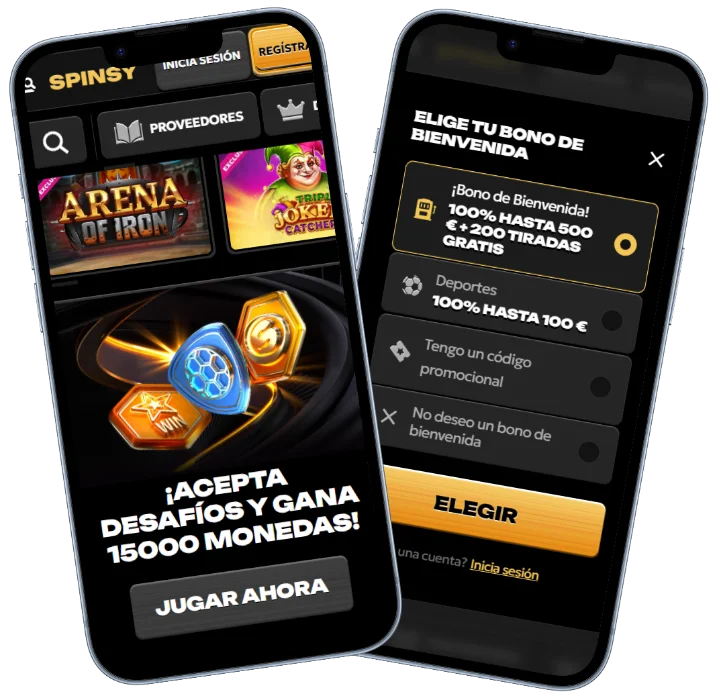 Spinsy Casino versión móvil con bono de bienvenida, juegos y selección de promociones